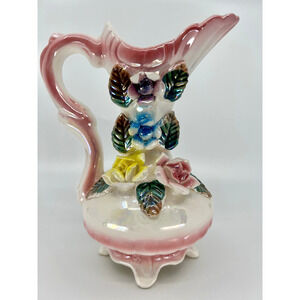 Vintage Ceramic Pitcher Vase Luster Ware Flowers Glazed Footed